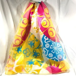 SCARF - BRIGHT PINK, YELLOW, AQUA BLUE & WHITE SCARF. 13” W x 59”L
